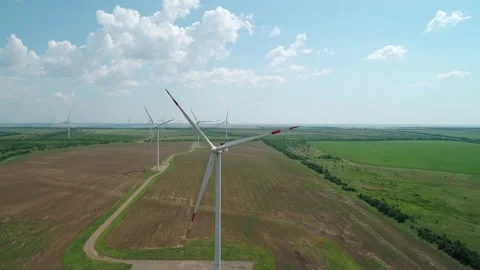 Aerial view of windmills farm in the fields Stock Footage 201296612