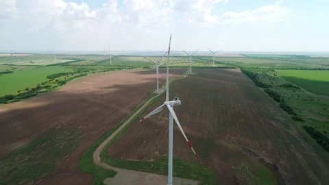  Aerial view of windmills farm in the fields Stock Footage 201297047