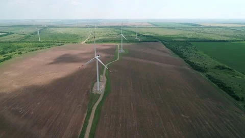 Aerial view of windmills farm in the fields. World energy power crisis. Green Stock-Footage 201297128