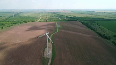 Aerial view of windmills farm in the fields Stock Footage 201297215