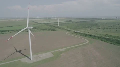 Aerial view of windmills farm in the fields Stock Footage 201298427