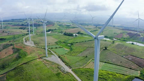 Aerial view, windmills rotating by the force of the wind Stock Footage 199346798