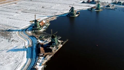 Aerial View of Windmills on Snowy Fields. Drone Footage Stock Footage 282800535