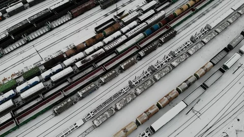 Aerial view at winter Classification marshalling yard trains railroad wagons Vídeos de archivo 126599076