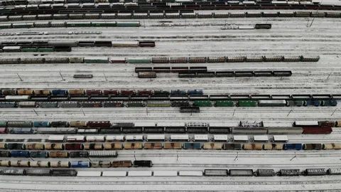Aerial view at winter Classification marshalling yard trains railroad wagons Vídeos de archivo 126599078