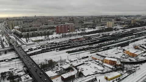 Aerial view at winter Classification marshalling yard trains railroad wagons Vídeos de archivo 126599088