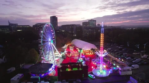 Aerial view of Winter Funfair in Caversham, Reading, Berkshire riverside Video stock 291589671