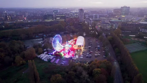 Aerial view of Winter Funfair in Caversham, Reading, Berkshire riverside Stock-Footage 291589791