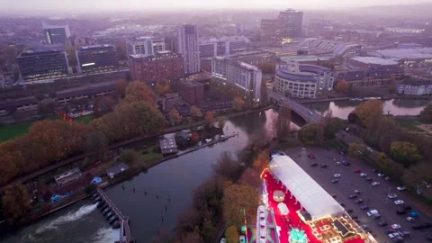 Aerial view of Winter Funfair in Caversham, Reading, Berkshire riverside Stock Footage 291589831