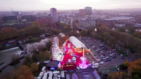Aerial view of Winter Funfair in Caversham, Reading, Berkshire riverside Stock Footage 291589854