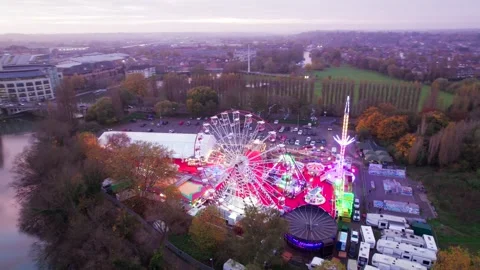 Aerial view of Winter Funfair in Caversham, Reading, Berkshire riverside Stock Footage 291589909