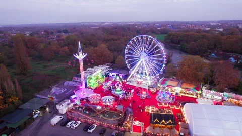 Aerial view of Winter Funfair in Caversham, Reading, Berkshire riverside Stock Footage 291589950