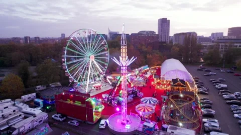 Aerial view of Winter Funfair in Caversham, Reading, Berkshire riverside Stock Footage 291590078