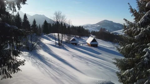Aerial View. Winter landscape with two wooden houses. Rising view between the Stock Footage 169796834