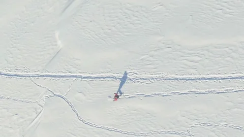 Aerial view of winter mountain and skiing snow hikers with ski and snowshoes 動画素材 101809625