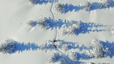 Aerial view of winter mountain and skiing snow hikers with ski and snowshoes 스톡 동영상 101810653