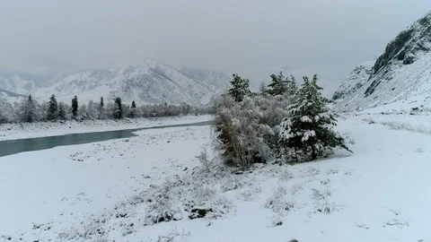 Aerial view winter mountain river ice  Stock Footage 88160917