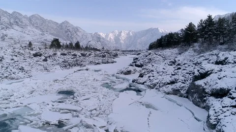 Aerial view winter mountain river ice 4 Stock Footage 88162114