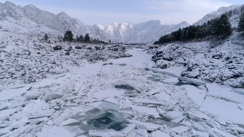 Aerial view winter mountain river ice 5 Stock Footage 88162260