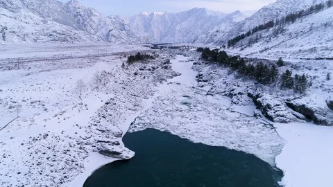 Aerial view winter mountain river ice 8 Stock Footage 88163529