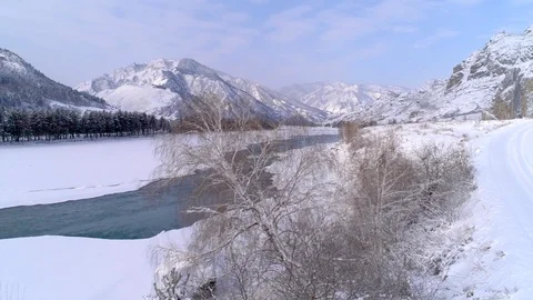 Aerial view winter mountain river ice 12 Stock Footage 88164494