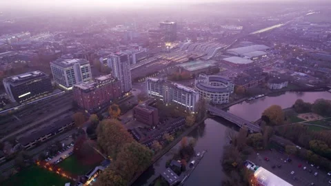 Aerial view of Winter Reading Downtown, Berkshire England Stock Footage 291589952