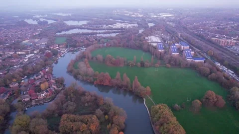 Aerial view of Winter Reading River Thame, Berkshire England, evening Stock-Footage 291589996