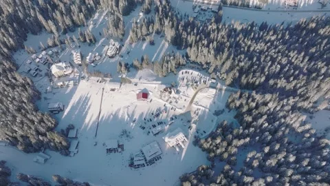 Aerial view of winter Rhodope Mountains and Pamporovo ski resort Stock Footage 199822005
