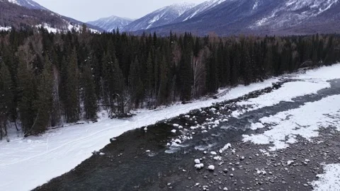 Aerial view of winter river flowing through snowy pine forest in Xinjiang Stock Footage 336597565