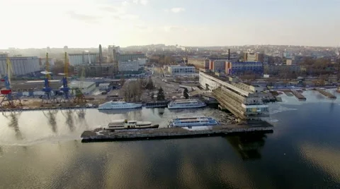 Aerial view of winter river port in Dnepropetrovsk, Ukraine. Stock Footage 59132604