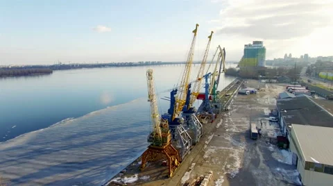 Aerial view of winter river port in Dnepropetrovsk, Ukraine. Stock Footage 59134245