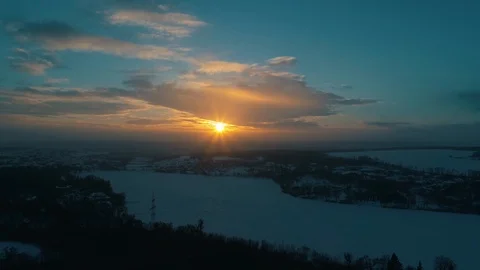 Aerial view of the winter river at sunset Stock Footage 112148702