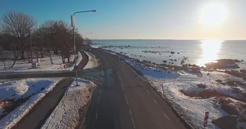 Aerial view of the winter road on the beach Video stock 74899220