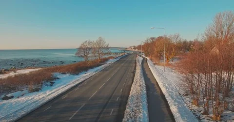 Aerial view of the winter road on the beach Video stock 74901002