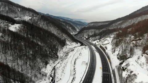 Aerial view of winter road between mountains in Abant. Bolu region, Turkey. Stock Footage 133278964