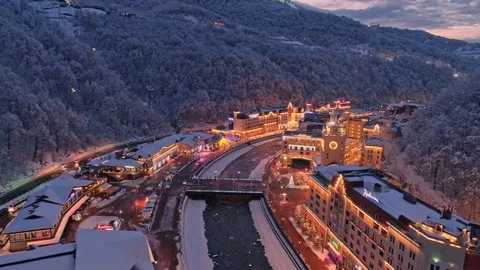 Aerial view of winter Rosa Khutor ski resort. evening illumination Stock Footage 101635530