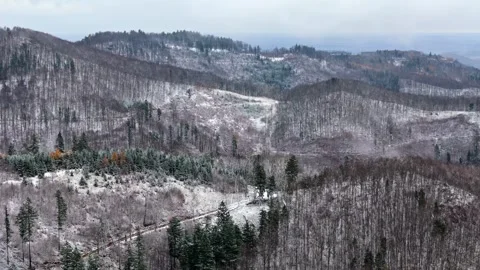 Aerial view of a wintry mountain landscape, snowflakes swirling as the dron.. Stock Footage 257423413