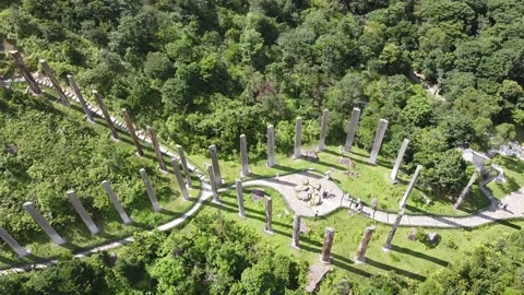 Aerial View of Wisdom Path, Lantau Island, Hong Kong, go up shot Stock Footage 229668306