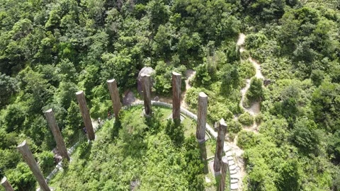 Aerial View of Wisdom Path, Lantau Island, Hong Kong, Pull Back Shot Stock-Footage 229712877