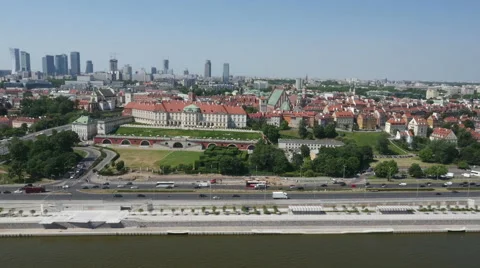 Aerial View at Wiślane Boulevards and Panorama of Warsaw by HeliDog_Aerials Stock Footage 58092311