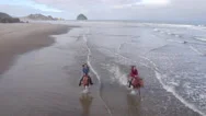 Aerial View Of Women Riding Horses At Beach Stock Footage