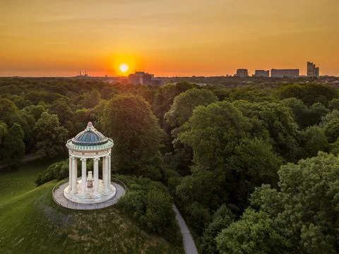 Aerial view at a wonderful sunrise in the popular public park Englischer Garden Stock Photos