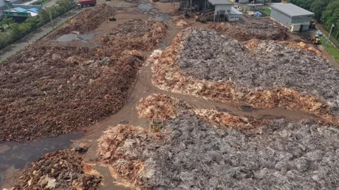 Aerial view of a wood chip processing plant in probolinggo Stock Footage 328919104