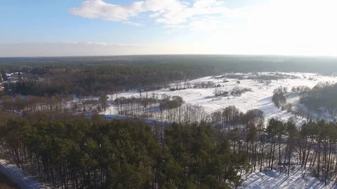 Aerial view of woods, fields and the frozen river in winter Vidéo 71444654