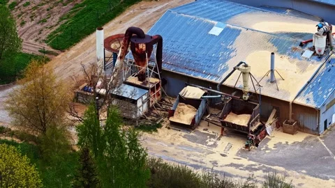 Aerial view of a woodworking factory processing timber and producing sawdust Stock Footage 340265077