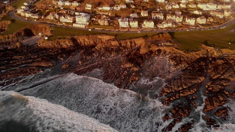 Aerial View Of Woolacombe Village, Devon, Sea, Rocky Coast, Winter At Sunset. Stock Footage 88412725