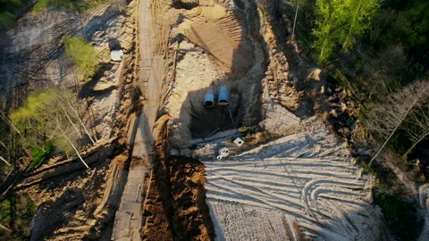 Aerial view of work on the construction of the city sewer, Pipeline repair. Stock Footage 219555098