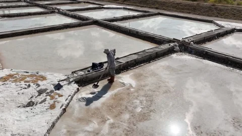 Aerial view of worker working in salt ponds 3 Stock Footage 294086365