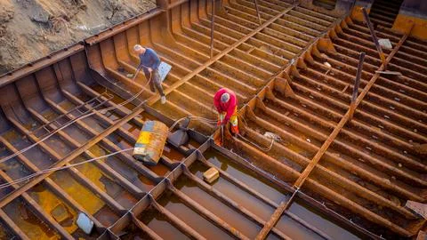 Aerial view on workers as they manually cutting old ship with blowtorch Stock Photos