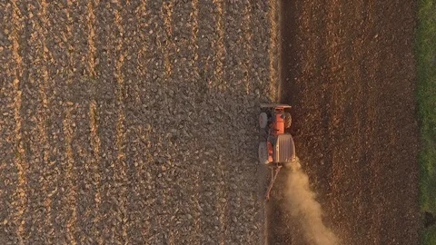 Aerial view workers with tractors Stockbeeldmateriaal 98391877